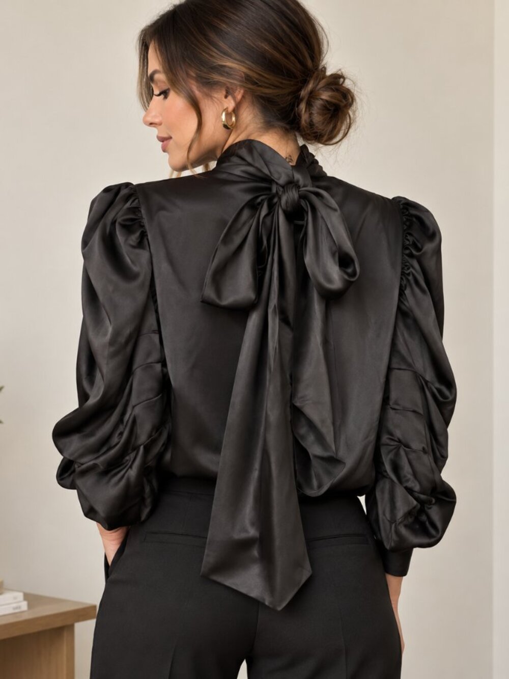 MISA Los Angeles Black Satin Puff Sleeve Tie Back Blouse S NWT